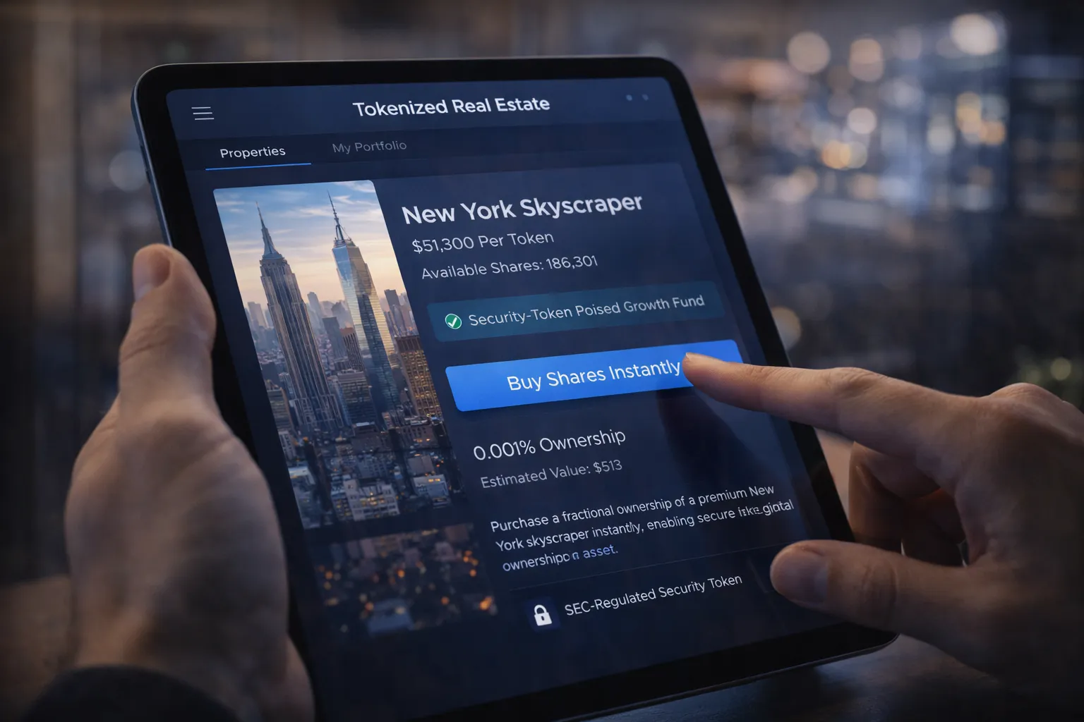 A realistic photo of a digital interface on a tablet showing "Tokenized Real Estate" assets, allowing a user to buy 0.001% of a skyscraper in New York instantly.